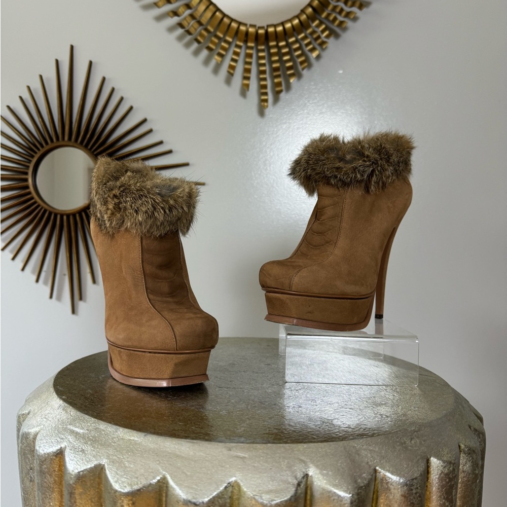 YSL - Tan Tribute Suede Booties w/ Fur Cuffs